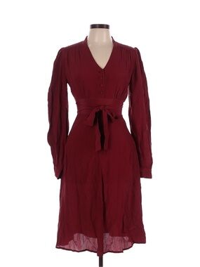 Ava Long-Sleeve Burgundy V-Neck Tie-Waist Dress Flawed